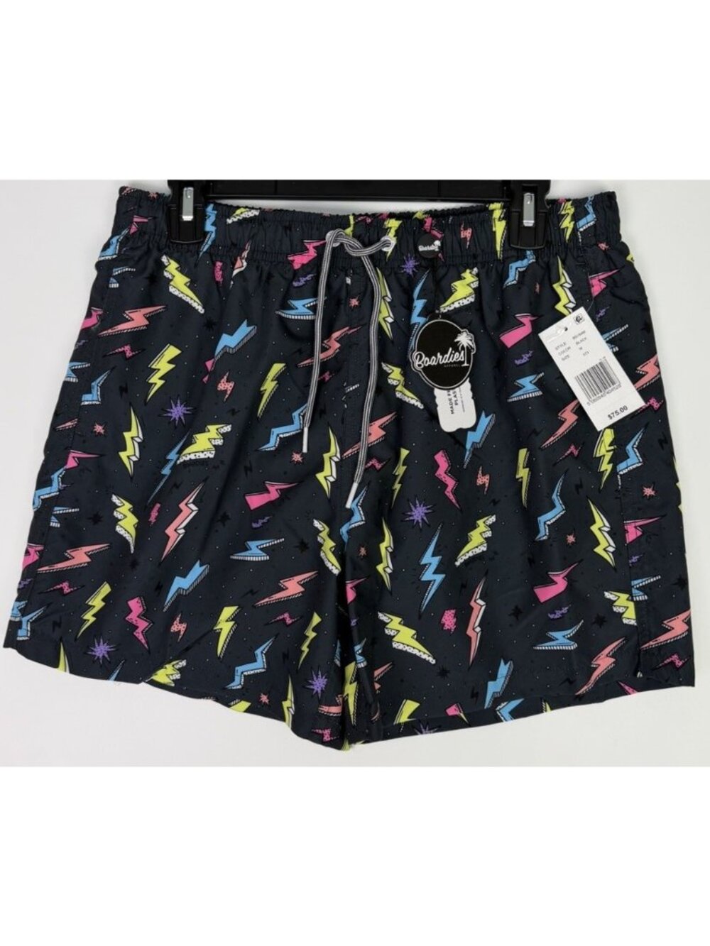 Boardies Apparel Mens Swim Trunks Black Lightning Bolt Neon Print Size M NWT